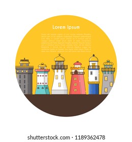 Vector illustration with cartoon flat outline background of lighthouses. Sea travel elements. Marine object. Large lighthouse, sea beach icon. Architecture object, exploring surrounding area coast