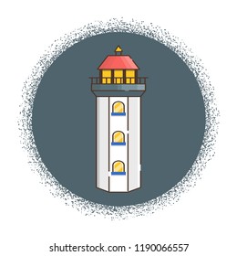 Vector illustration with cartoon flat outline of building lighthouse. Sea travel elements. Marine object. Large lighthouse, sea beach icon. Architecture object, exploring surrounding area coast