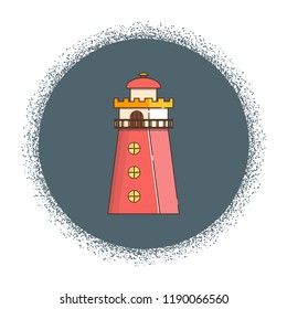 Vector illustration with cartoon flat outline of building lighthouse. Sea travel elements. Marine object. Large lighthouse, sea beach icon. Architecture object, exploring surrounding area coast