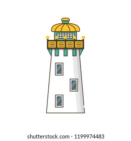 Vector illustration with cartoon flat outline of building lighthouse. Sea travel elements. Marine object. Large lighthouse, sea beach icon. Architecture object, exploring surrounding area coast