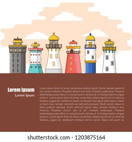 Vector illustration with cartoon flat outline background of lighthouses. Sea travel elements. Marine object. Large lighthouse, sea beach icon. Architecture object, exploring surrounding area coast