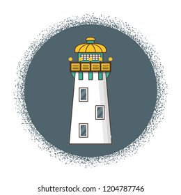 Vector illustration with cartoon flat outline of building lighthouse. Sea travel elements. Marine object. Large lighthouse, sea beach icon. Architecture object, exploring surrounding area coast
