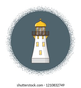Vector illustration with cartoon flat outline of building lighthouse. Sea travel elements. Marine object. Large lighthouse, sea beach icon. Architecture object, exploring surrounding area coast