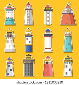 Vector illustration with cartoon flat outline set of buildings lighthouses. Sea travel elements. Marine object. Large lighthouse, sea beach icon. Architecture object, exploring surrounding area coast
