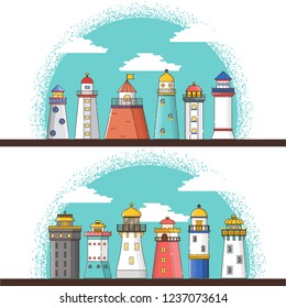 Vector illustration with cartoon flat outline background of lighthouses. Sea travel elements. Marine object. Large lighthouse, sea beach icon. Architecture object, exploring surrounding area coast