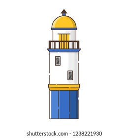 Vector illustration with cartoon flat outline of building lighthouse. Sea travel elements. Marine object. Large lighthouse, sea beach icon. Architecture object, exploring surrounding area coast