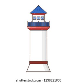Vector illustration with cartoon flat outline of building lighthouse. Sea travel elements. Marine object. Large lighthouse, sea beach icon. Architecture object, exploring surrounding area coast