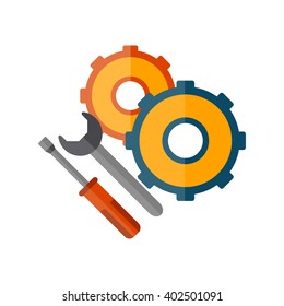 Vector illustration with cartoon flat screwdriver, wrench, cogwheel. Logo, icon, emblem or background vector concept. Repair service background. Isolated tools. Vector logo for repair service