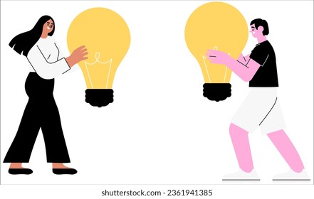 Vector illustration of a cartoon flat smiling man and woman holding light bulbs in their hands. Concept of creativity, innovative thoughts, imagination, brainstorm, idea generation, creative thinking.