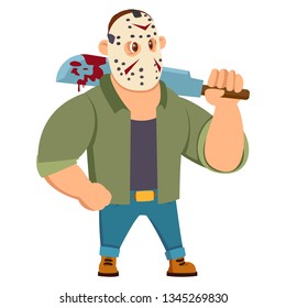 Vector Illustration in Cartoon Flat Style. Strong Man in Green Ruach with an Awesome Mask on his face and an Ax on his Shoulder. Lumberjack.