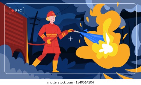 Vector illustration in cartoon flat style of brave fireman firhting with flame. Male character wearing a helmet and uniform holding a hydrant hose, watering burning building