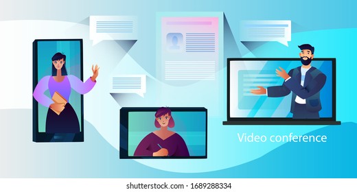 Vector illustration in cartoon flat style with smartphone, tablet, laptop, male and female characters. Video conference concept with smiling people. Online education banner