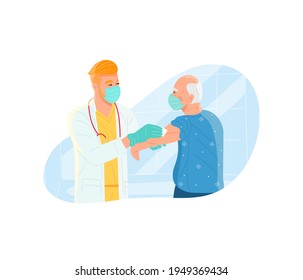Vector illustration in cartoon flat style. Vaccination of the elderly.  A doctor makes an injection to an elderly man. People vaccination. Boost immunity, health care