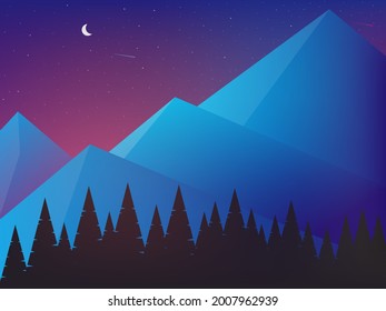 Vector illustration, cartoon and flat style on dark backdrop. Panoramic landscape. Starry background. Beautiful summer landscape. 
