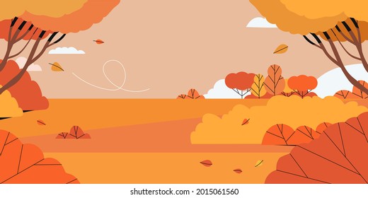 Vector illustration in cartoon flat style. Autumn landscape with hills and trees. Horizontal banner or background with copy space for text. Header image for websites, covers, poster, seasonal sale.