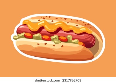 Vector illustration cartoon flat style delicious appetizing hotdog hot dog sandwich with sausage mustard greens isolated on white sticker design bun with sausage fast food snack