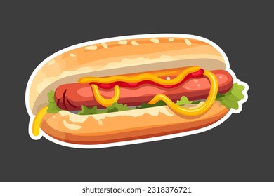 Vector illustration cartoon flat style delicious appetizing hotdog hot dog sandwich with sausage mustard greens isolated on white sticker design bun with sausage fast food snack