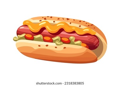 Vector illustration cartoon flat style delicious appetizing hotdog hot dog sandwich with sausage mustard greens isolated on white sticker design bun with sausage fast food snack
