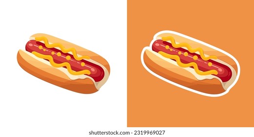 Vector illustration cartoon flat style delicious appetizing set hotdog hot dog sandwich with sausage mustard greens isolated on white sticker design bun with sausage fast food snack