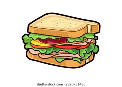 Vector illustration cartoon flat style delicious appetizing toast sandwich with sausage ham cheese tomato greens isolated on white sticker design cartoon