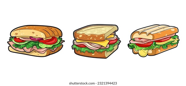 Ilustración vectorial caricatura estilo plano delicioso apetitoso sándwich con salchicha jamón queso tomate greens aislado en el diseño de pegatinas blancas
