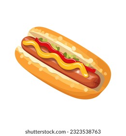 Vector illustration cartoon flat style delicious appetizing hotdog hot dog sandwich with sausage mustard greens isolated on white sticker design bun with sausage fast food snack