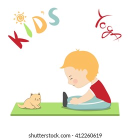 Vector illustration, cartoon flat style. Kid's yoga fun colorful poster. Child and his cat  practicing yoga together, doing yoga pose, stretching. Cute little boy and his kitten. Flexibility exercise.