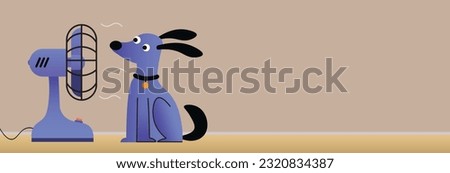 Vector illustration of a cartoon flat style dog sitting before the air cooler fan. Banner with copy space