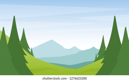 Vector illustration: Cartoon flat summer mountains landscape with green hills and pine forest on foreground.