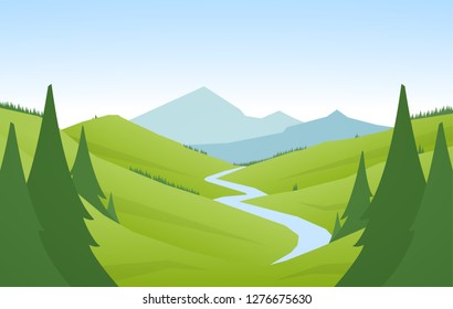 Vector illustration: Cartoon flat summer mountains landscape with green hills, pine forest and river