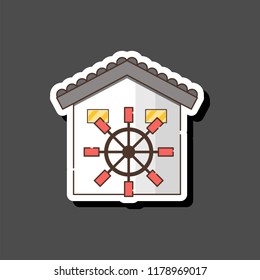 Vector illustration with cartoon flat watermill isolated on white background. Agricultural building with rotating sails