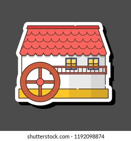 Vector illustration with cartoon flat watermill isolated on white background. Agricultural building with rotating sails