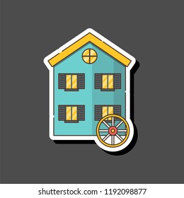 Vector illustration with cartoon flat watermill isolated on white background. Agricultural building with rotating sails