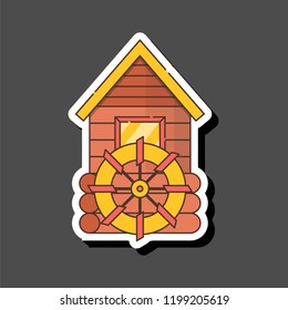 Vector illustration with cartoon flat watermill isolated on white background. Agricultural building with rotating sails