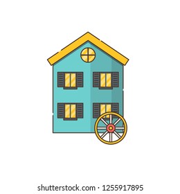 Vector illustration with cartoon flat watermill isolated on white background. Agricultural building with rotating sails