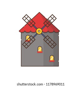 Vector illustration with cartoon flat windmill isolated on white background. Agricultural building with rotating sails