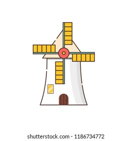 Vector illustration with cartoon flat windmill isolated on white background. Agricultural building with rotating sails