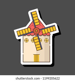 Vector illustration with cartoon flat windmill isolated on white background. Agricultural building with rotating sails