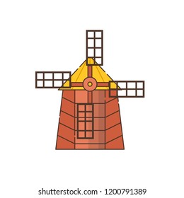 Vector illustration with cartoon flat windmill isolated on white background. Agricultural building with rotating sails