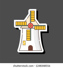 Vector illustration with cartoon flat windmill isolated on white background. Agricultural building with rotating sails
