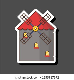 Vector illustration with cartoon flat windmill isolated on white background. Agricultural building with rotating sails