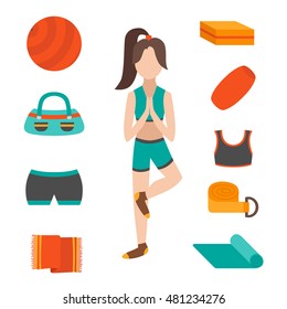 Vector illustration with cartoon flat yoga character girl with equipment: fitness ball, yoga mat, block, rubber, towel. Healthy active lifestyle concept. Fitness pilates woman