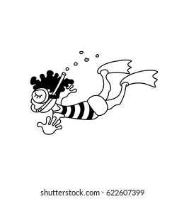 Vector illustration of cartoon floating child with mask and flippers. Aqualunger