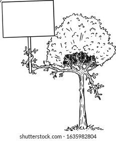 Vector illustration of cartoon flowering tree plant character holding empty sign in branch with leaves. Ecology or nature advertisement or marketing design.