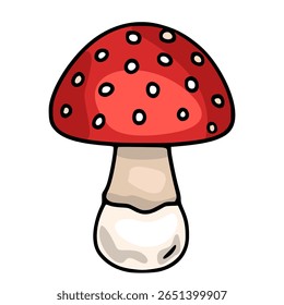 Vector illustration of a cartoon fly agaric amanita mushroom with a red cap and white spots, featuring a unique hand-drawn style and distinct color palette.