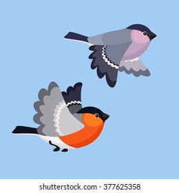 Vector illustration of cartoon flying bullfinches