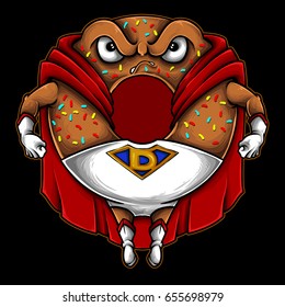 Vector illustration of cartoon flying donut character design with superhero costume, big muscle and angry face.