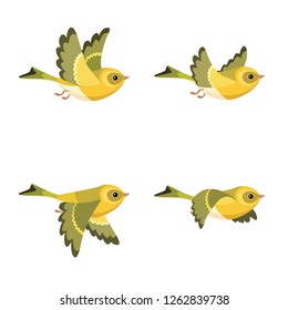 
Vector illustration of cartoon flying European Siskin (female) sprite sheet isolated on white background. Can be used for GIF animation 