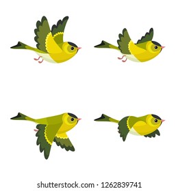 
Vector illustration of cartoon flying European Siskin (male) sprite sheet isolated on white background. Can be used for GIF animation 