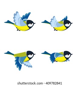 Vector illustration of cartoon flying great tit animation sprite isolated on white background